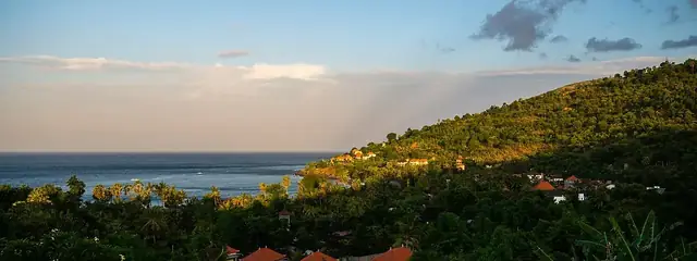 Jemeluk Bay in Amed with Mount Agung behind, 5 minutes by scooter