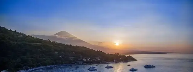 Jemeluk Bay and Mount Agung from the Bukit Jemeluk viewpoint, 5 minutes by scooter