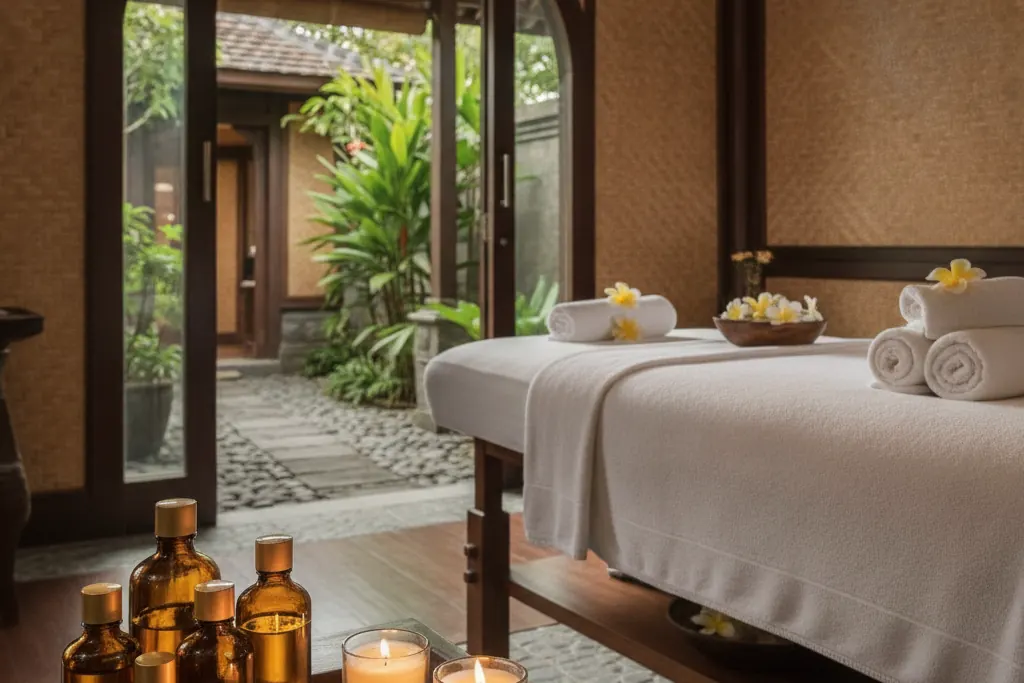 Aromatherapy massage: essential oils and frangipani flowers by the massage table