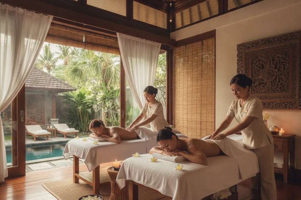 Couples massage: two massage tables side by side in a premium spa villa