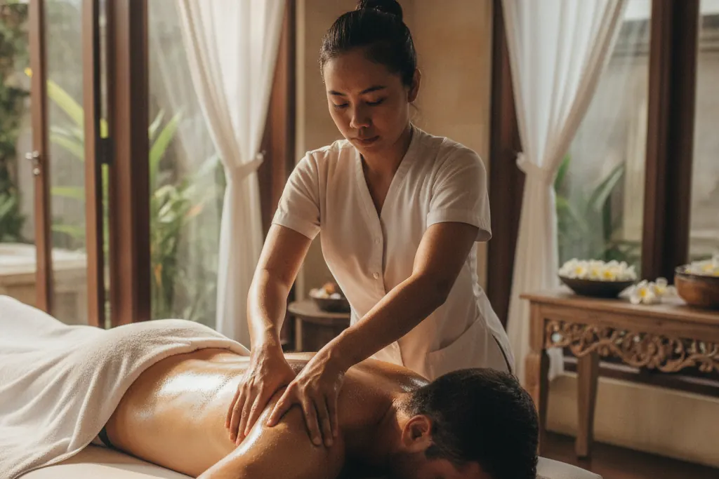 Deep tissue massage: firm forearm pressure on shoulder and upper back